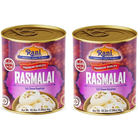 Rani Rasmalai (Soft Cheese Dumplings) 35.3oz (2.2lbs) 1kg, Pack of 2, Approximately 14 pieces, Easy Open Lid ~ Ready to eat | Gluten Free | Non-GMO | Kosher | Indian Origin