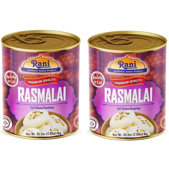 Rani Rasmalai (Soft Cheese Dumplings) 35.3oz (2.2lbs) 1kg, Pack of 2, Approximately 14 pieces, Easy Open Lid ~ Ready to eat | Gluten Free | Non-GMO | Kosher | Indian Origin
