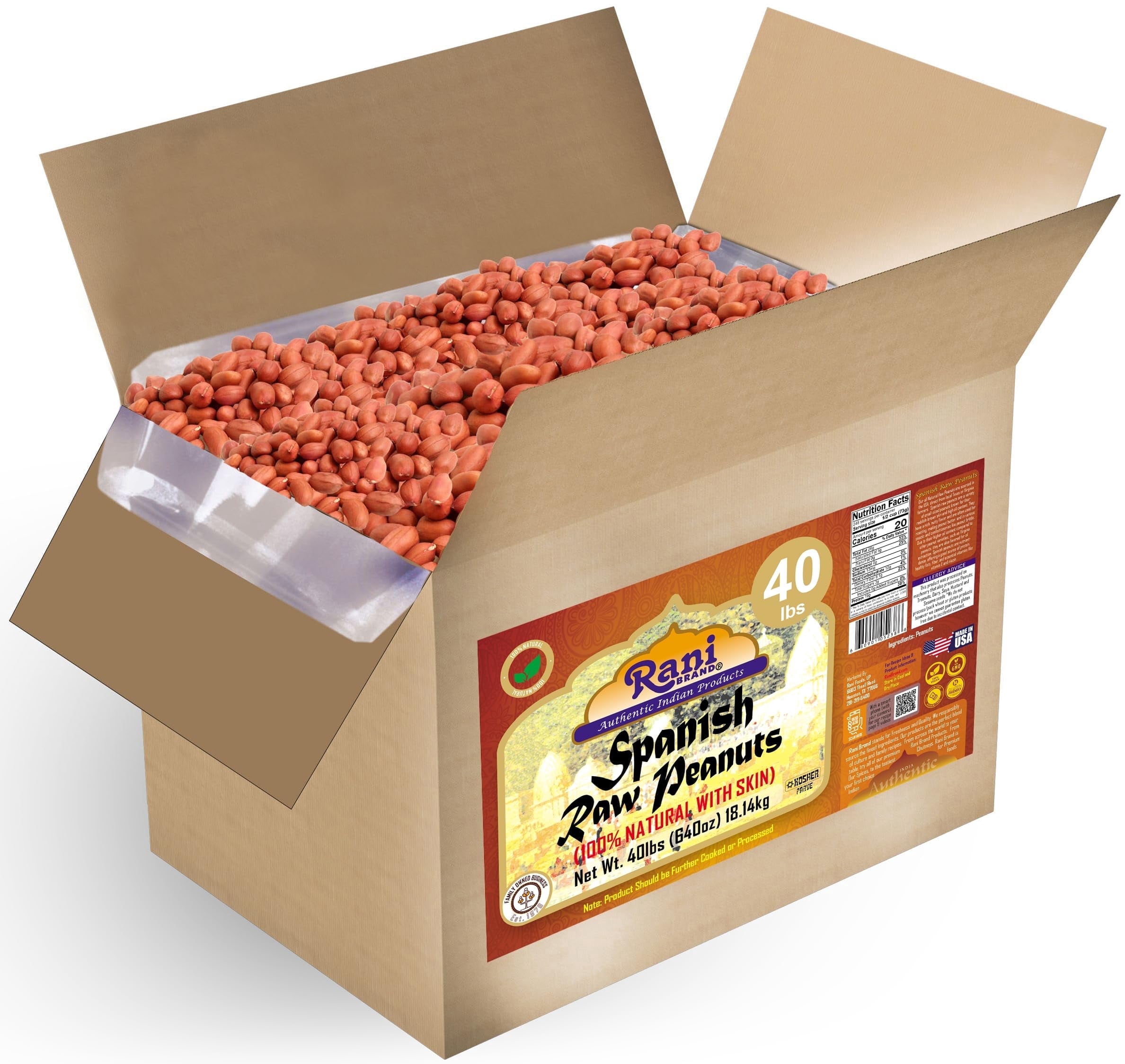 Rani Raw Spanish Peanuts 100% Natural with Skin (uncooked, unsalted) 40lbs (640oz) 18.14kg Bulk Box ~ Vegan | Gluten Friendly | Kosher | Red-brown Skin