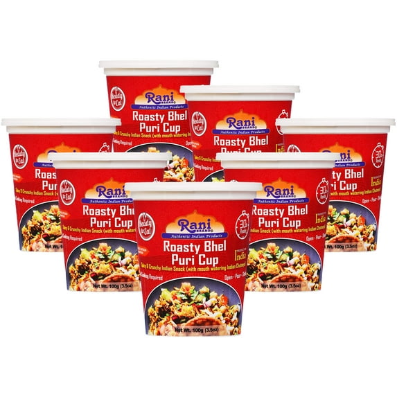 Rani Roasty Bhel Puri Cup (Spicy & Crunchy Indian Snack w/ mouth watering Indian Chutneys) 3.5oz (100g), Pack of 6+1 FREE ~ Ready to Eat | Vegan | NON-GMO | Indian Origin