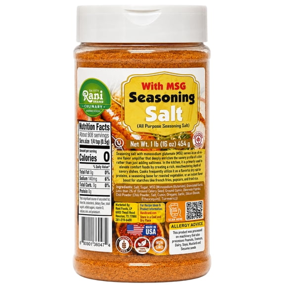 Rani Seasoning Salt with MSG (All Purpose Seasoning Salt) 16oz (1lb) 454g PET Jar ~ Gluten Free | NON-GMO | Kosher | Vegan | Sodium Free | Product of USA