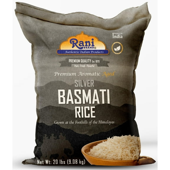 Rani Silver White Basmati Rice Extra Long Aged 20-Pound Bag, 320oz (20lbs) 9.08kg ~ All Natural | Gluten Friendly | Vegan | Indian Origin | Kosher