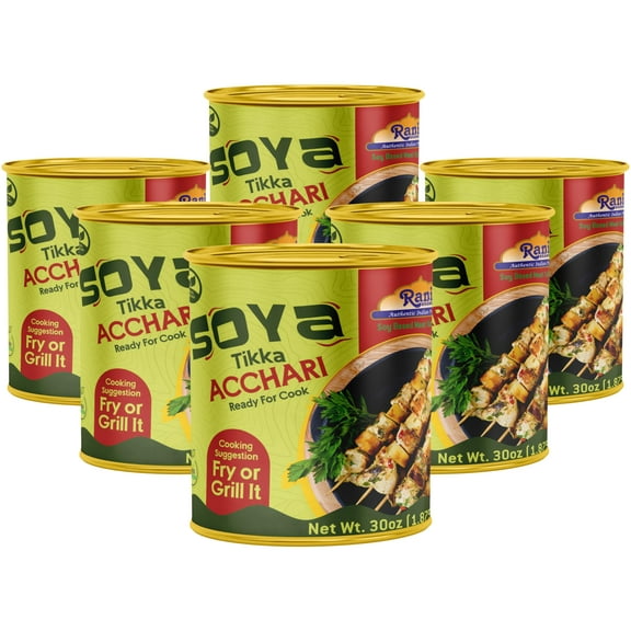Rani Soya Tikka Achari 30oz (1.875lbs) 850g, Pack of 6, Ready for Cook ~ Easy Open Lid | All Natural | Vegan | No Colors | NON-GMO | Kosher | Indian Origin | Soy Based Meat Substitute