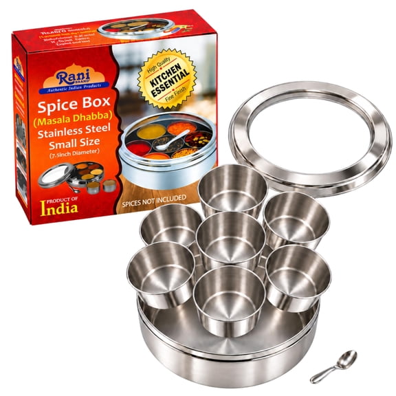 Rani Spice Box (7.5in x 2.8in) Stainless Steel Transparent Round Storage For Spices (Masala Dabba) 7 Compartments, with spoon ~ Packed in an attractive box, perfect for gifts!