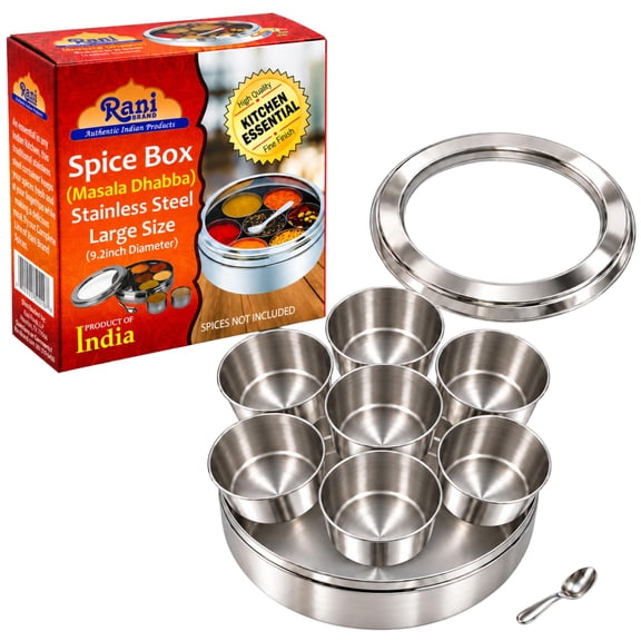 Rani Spice Box Stainless Steel Transparent Round Storage For Spices (Masala Dabba) 7 Compartments, with spoon (9.2in x 3in) ~ Packed in an attractive box, perfect for gifts!