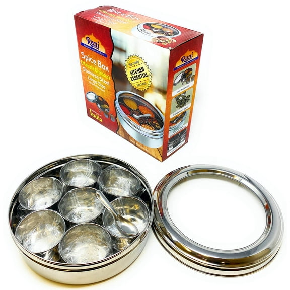 Rani Spice Box Stainless Steel Transparent Round Storage For Spices (Masala Dabba) 7 Compartments, with spoon (9.2in x 3in) ~ Packed in an attractive box, perfect for gifts!