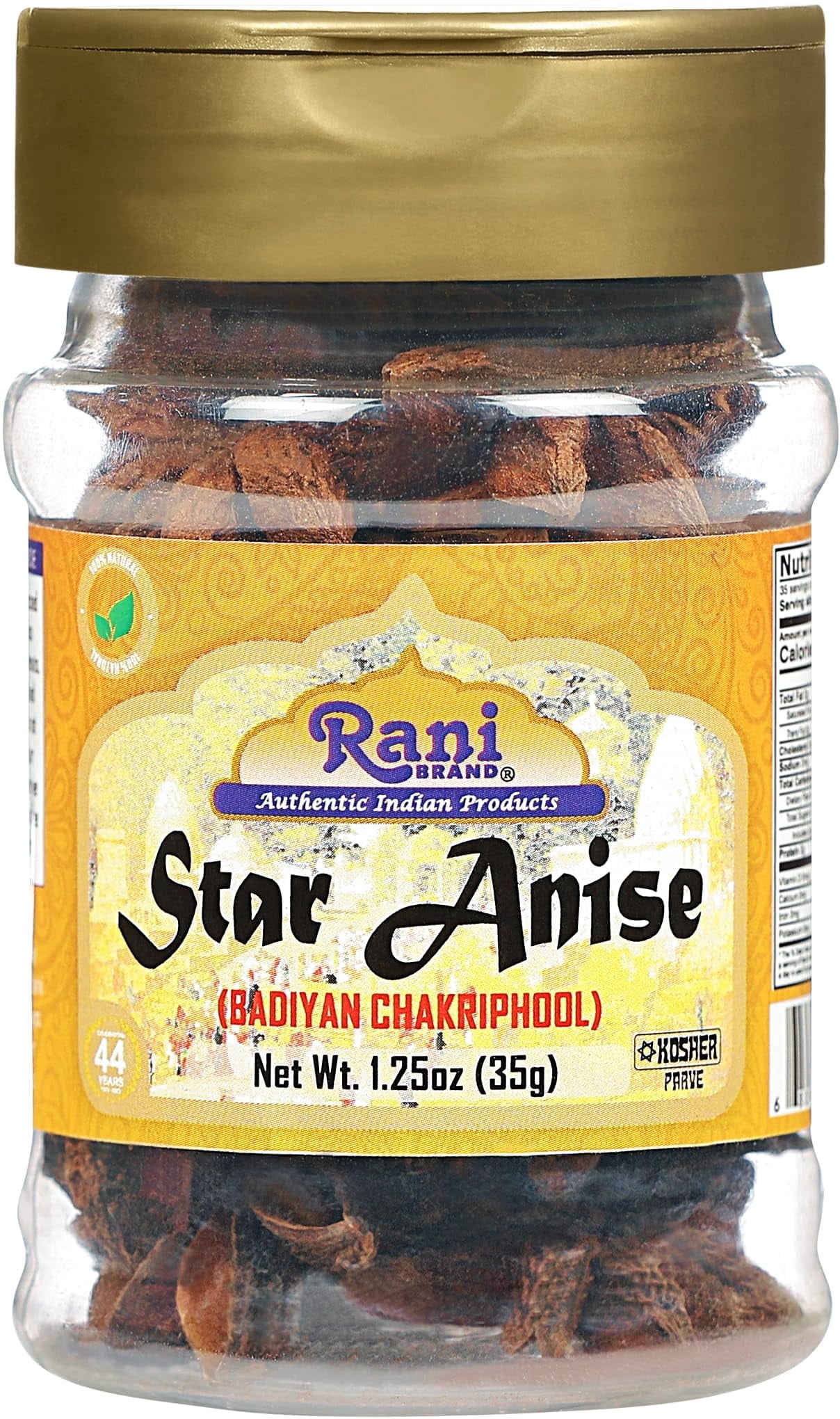 Rani Star Anise Seeds, Whole Pods (Badian Khatai) Spice 1.25oz (35g) PET Jar ~ All Natural | Gluten Friendly | NON-GMO | Kosher | Vegan | Whole Chinese Anise Star Pods Sun Dried Spice, Anis Estrella
