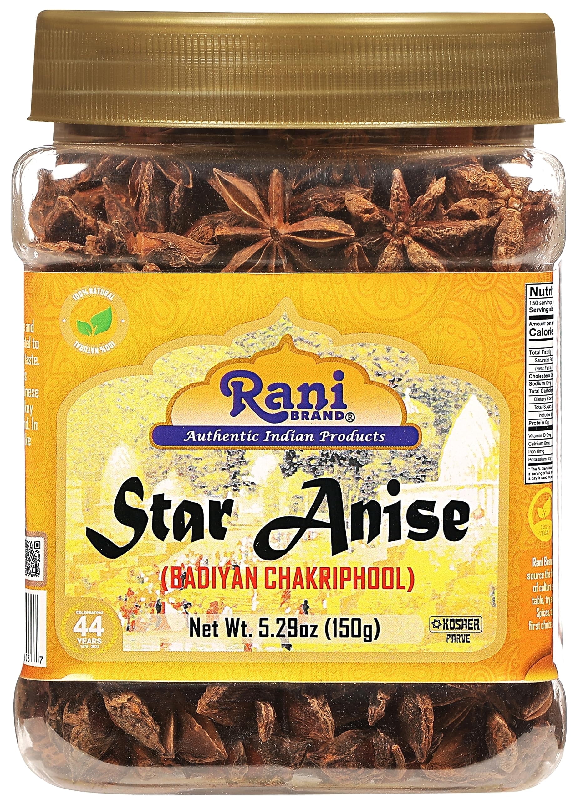 Rani Star Anise Seeds, Whole Pods (Badian Khatai) Spice 5.29oz (150g) PET Jar ~ All Natural | Gluten Friendly | NON-GMO | Kosher | Vegan | Whole Chinese Anise Star Pods Sun Dried Spice, Anis Estrell