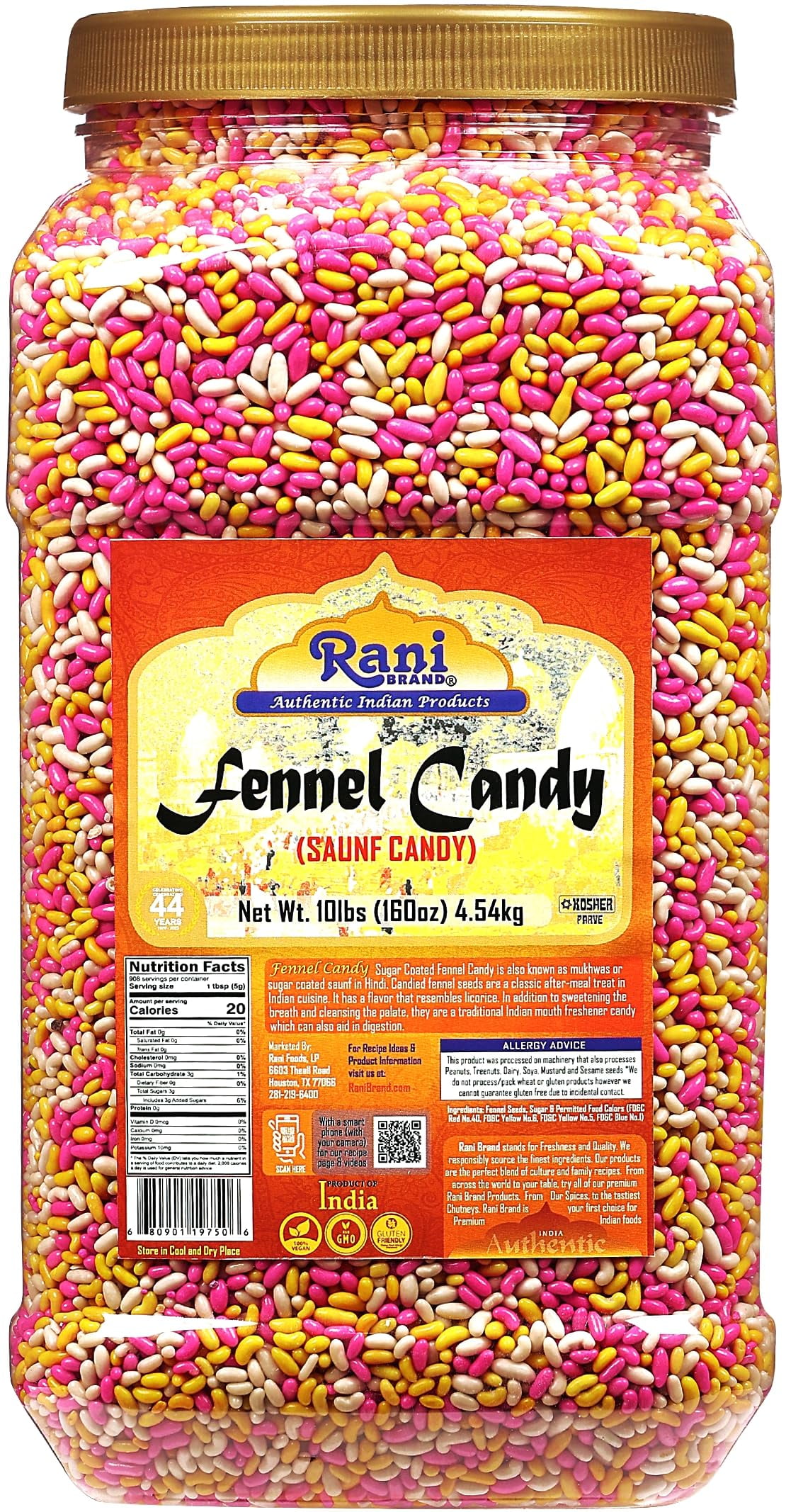 Rani Sugar Coated Fennel Candy 160oz (10lbs) 4.54kg Bulk PET Jar Indian After Meal Digestive