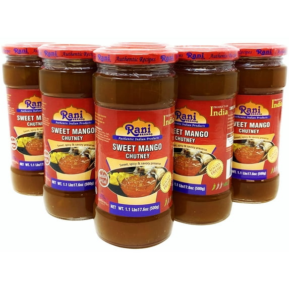 Rani Sweet Mango Chutney (Indian Preserve) 17.6oz (1.1lbs) 500g Glass Jar, Ready to eat, Vegan, Pack of 5+1 FREE ~ Gluten Free, All Natural, NON-GMO