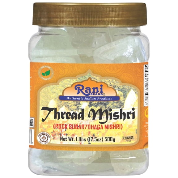 Rani Thread Misri (Rock Sugar / Dhaga Mishri) 17.5oz (1.1lbs) 500g PET Jar ~ All Natural | Gluten Friendly | No Colors | Kosher | Vegan | Indian Origin