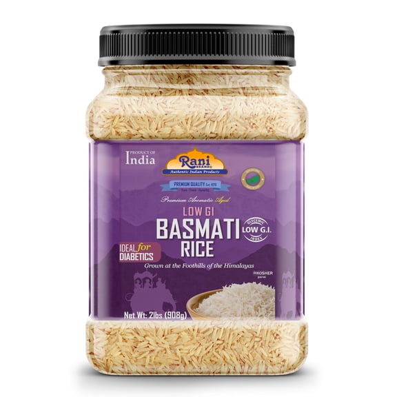 Rani White Basmati Rice Low GI (Glycemic Index) Extra Long Aged, Ideal for Diabetics, 32oz (2lbs) 908g PET Jar~ All Natural | Gluten Free | Vegan | Indian Origin | Export Quality