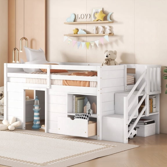 Twin Size Solid Wood Low Loft Bed Frame with Stair, Drawer, and Shelf, No Box Spring Needed, White for Bedroom
