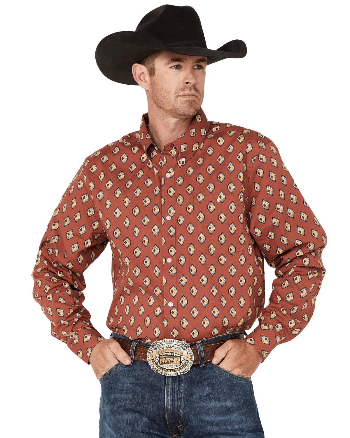 Rank 45 Men's 45u0026Reg; Caballo Geo Print Long Sleeve Button-Down Western  Shirt Light Red Medium