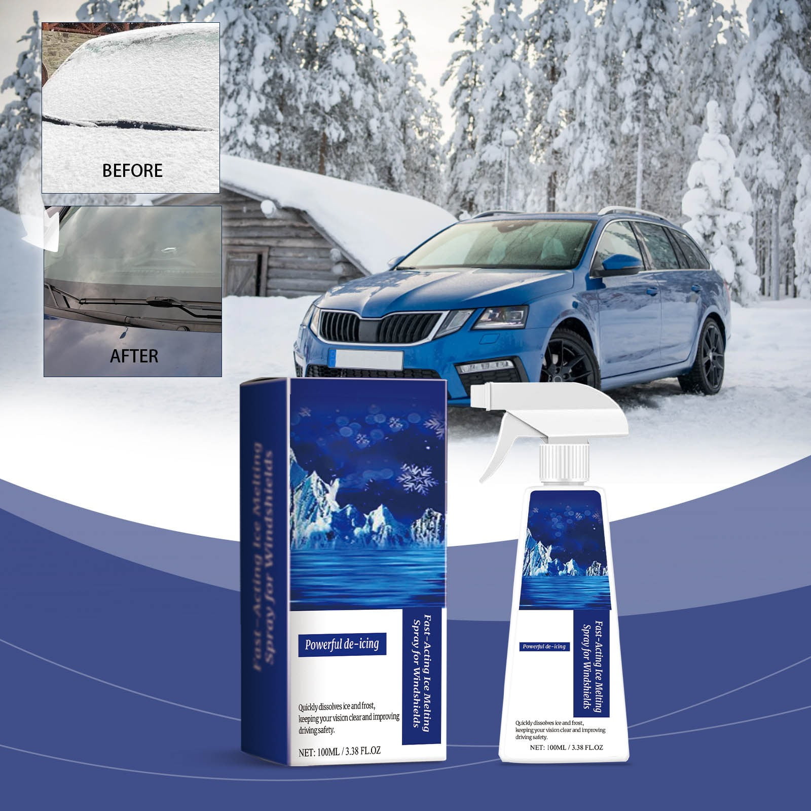 Ranliy 100Ml Fast-Acting Ice Melting Spray for Windshields Auto Glass Deicing Antifreeze