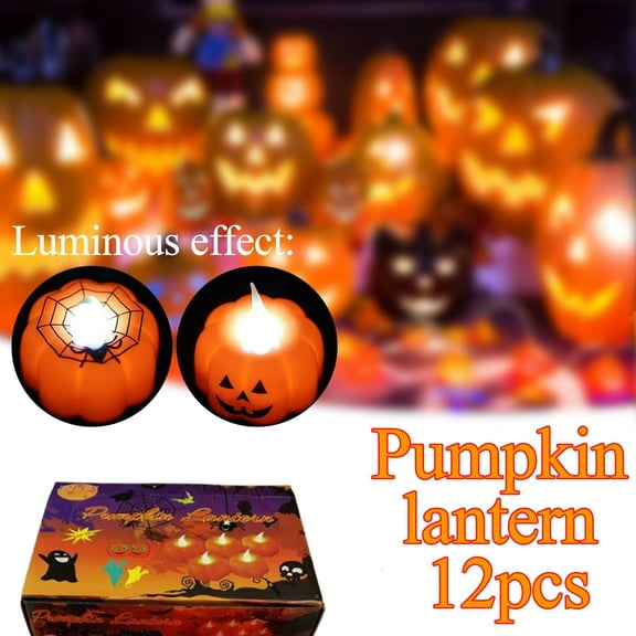 Ranliy 12 Pack Halloween Pumpkin Tealights Candles, Led Pumpkin Lights, Flame Less Candle Battery Operated for Halloween Table Decoration Home Fireplace Party Thanksgiving