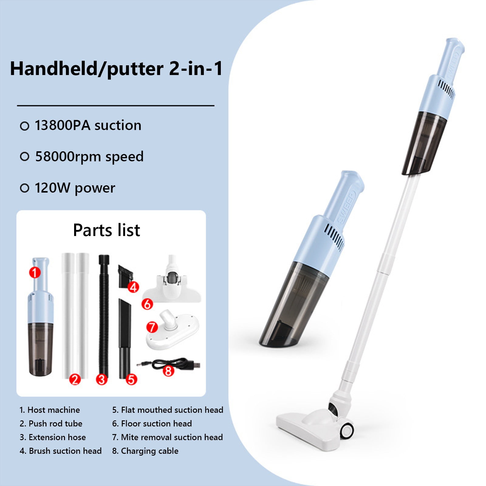 Ranliy 2-In-1 Lightweight Stick Vacuum, Handheld Cordless Vacuum Cleaner, Rechargeable Battery, Portable Handheld Vacuum for Hard Floor Carpet Pet Hair