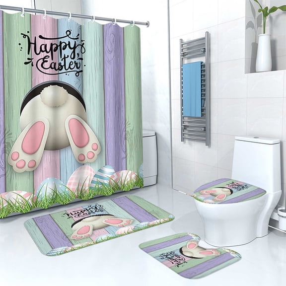 Ranliy 4 Pcs Easter Bunny Shower Curtain Sets 71 X 71", Non Slip Rugs, Toilet Lid Cover, Bath Mat and 12 Hooks Easter Bathroom Shower Curtain for Bathroom Spring Decorations Farmhouse Home Decor