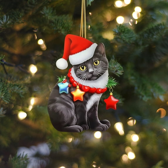 Ranliy Christmas Cat Ornament, Xmas Decor Tree Hanging Cat Acrylic Holiday Decoration, Cute Cat with Xmas Hat Ornaments for Christmas Tree Outdoor Hanging, 3Inch