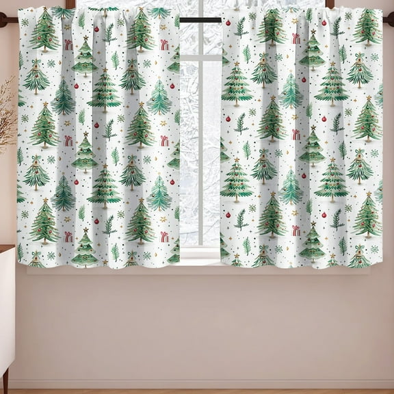 Ranliy Christmas Curtains, Kitchen Window Curtains over Sink, Christmas Tree Pattern Rod Pocket Curtains for Bathroom Kitchen Window Living Room, 5 sizes
