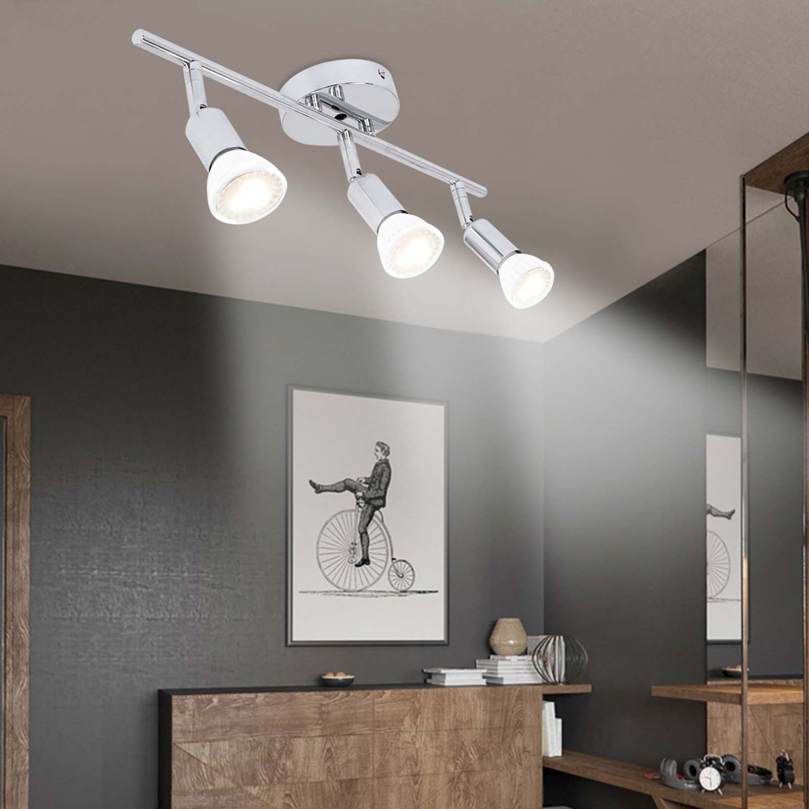 Ranliy Led 3 Light Track Kit, 3-Way Ceiling Spot Lights, Flexibly Rotatable Heads, Kitchen Ceiling Light, Modern Fixed Rail Lighting Brushed Nickel, Bulb Not Included