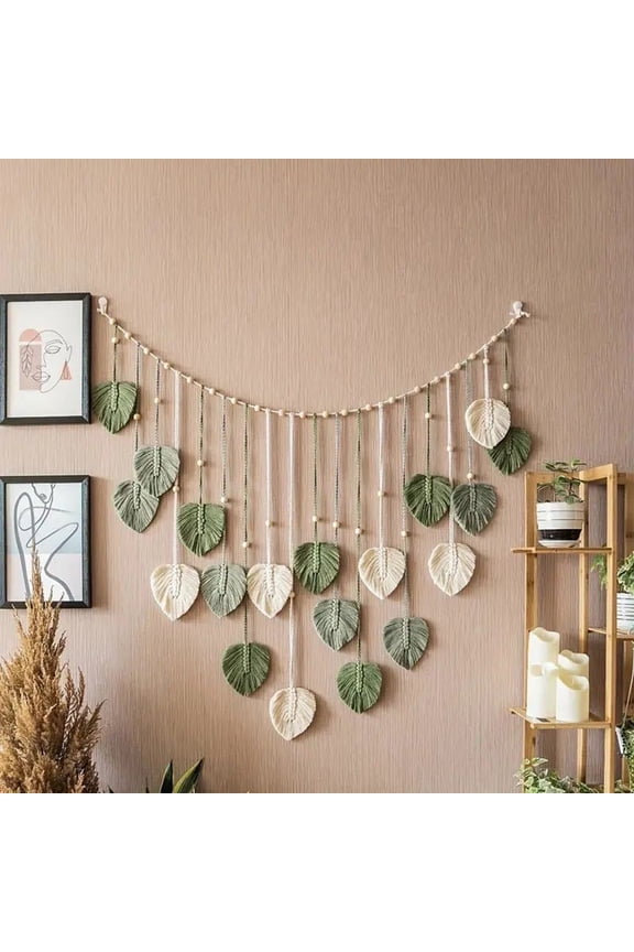 Macrame Wall Hanging,Leaves Woven Tapestry, Feather Handmade Tassels Boho Wall Decor,Leaves Art Decorations for Nursery Bedroom Living Room Apartment Home Backdrop