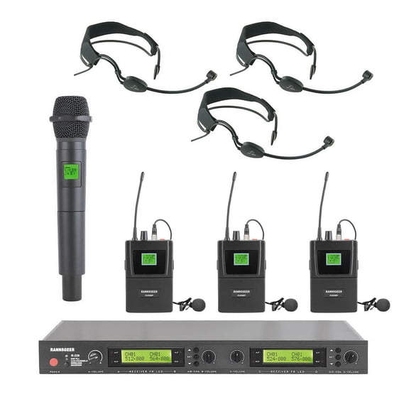 Rannsgeer UHF R288U-H1BP3 UHF 4-Channel 1 Handheld Mic & 3 Lapel+Headband Headset Mic Wireless Microphone 128 Selectable Frequencies, Range 400 Feet