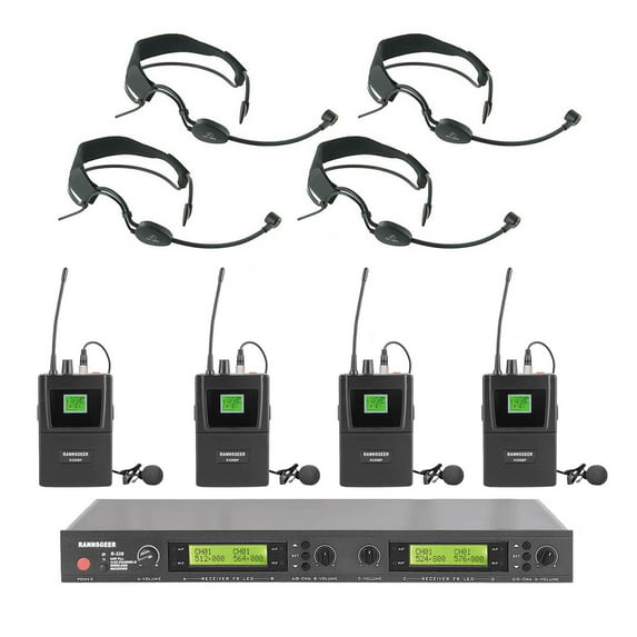 Rannsgeer UHF R288U518 UHF 4-Channel 4 Lapel Mic & 4 Headband Headset Mic Wireless Microphone 128 Selectable Frequencies, Range 400 Feet