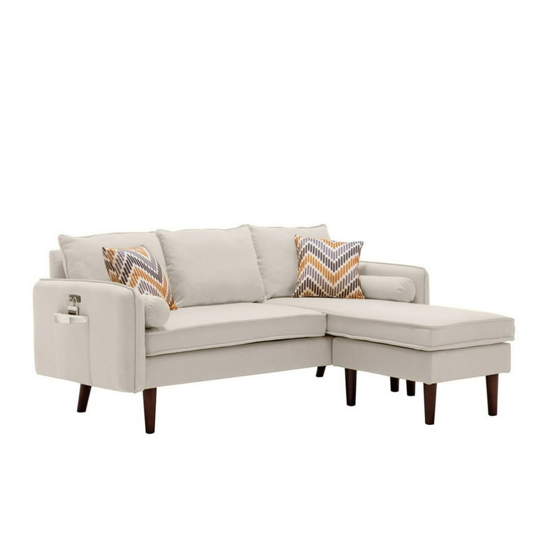 Ranon 70 Inch Sectional Chaise Sofa USB Charging Port Side Pocket Beige Saltoro Sherpi