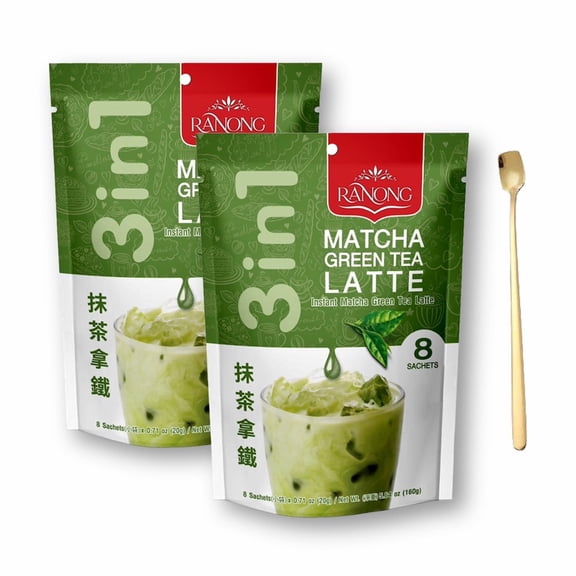 Ranong Instant Matcha Latte Mix 3-in-1 Tea Mix  (8 X 20g.) 5.64 Oz. X 2 with Bonus Gift Stainless Steel Stirring Spoon (3-Pc Set)