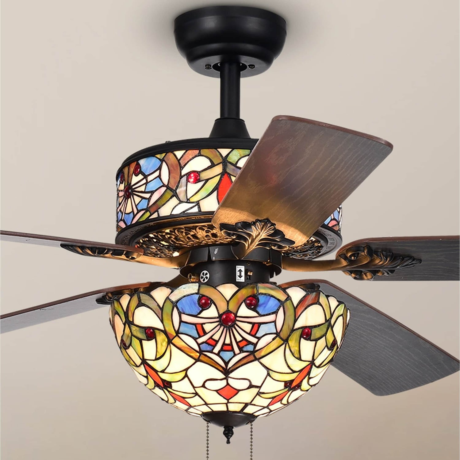Ransoe 6-Light Blue Heart Tiffany 5-Blade 52-Inch Matte Black Ceiling Fan