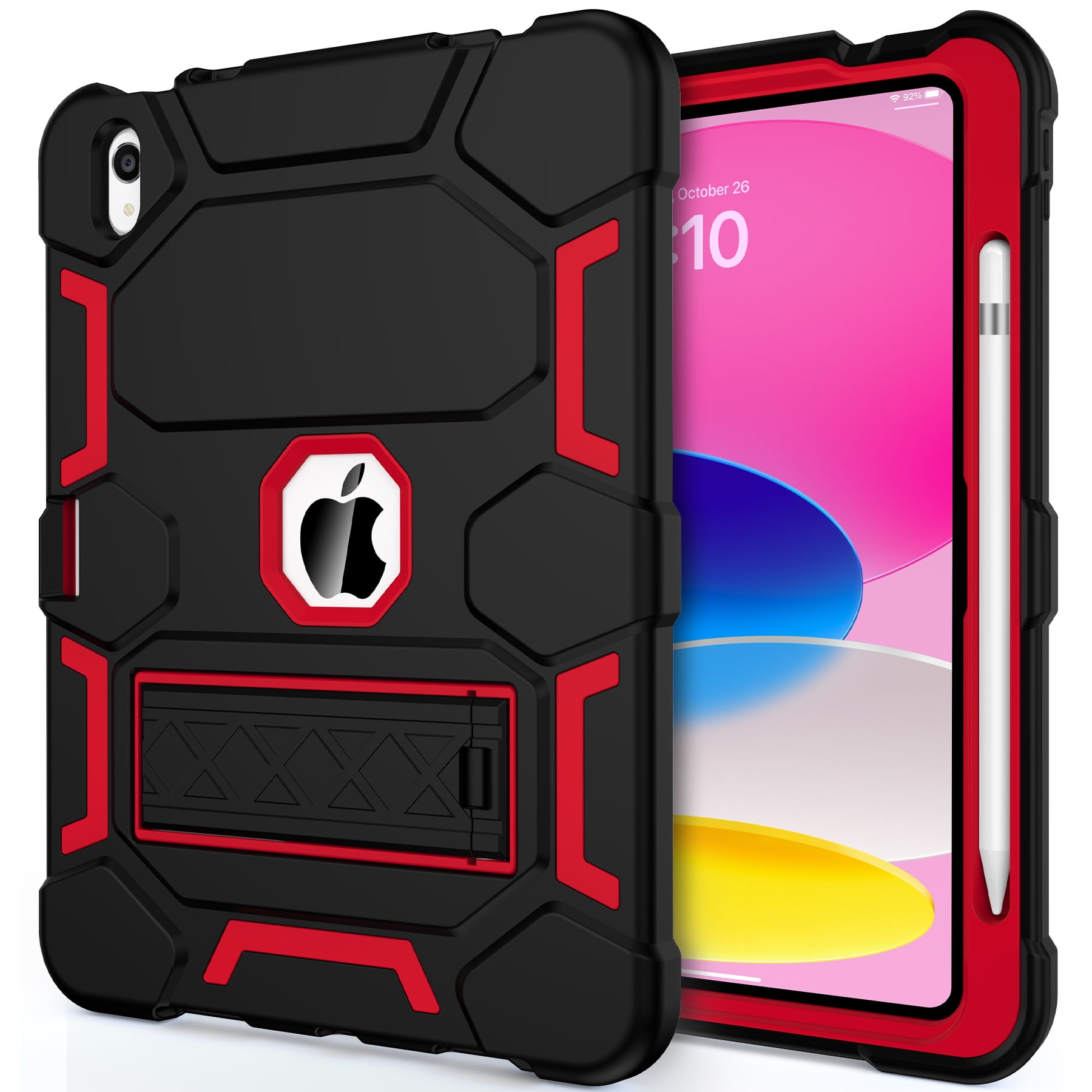 Rantice Case for iPad 10th Generation 10.9 Inch 2022, iPad (A16) 11th Gen 11 Inch 2025, with Kickstand & Pencil Holder, Heavy Duty Shockproof Hybrid Protective Cover for Kids Girls, Black+Red