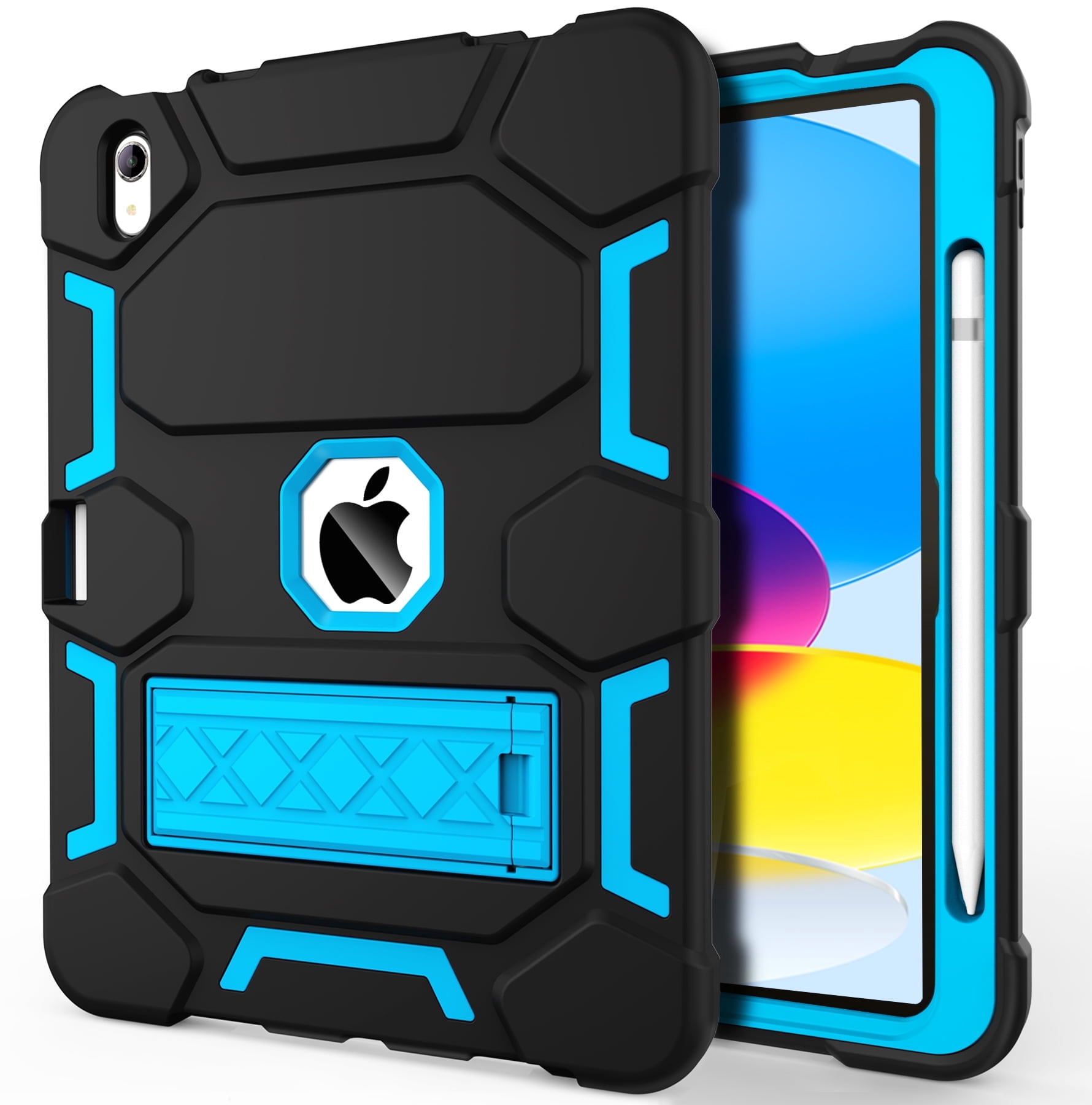 Rantice Case for iPad (A16) 11th/10th Generation(2025/2022), iPad 10th Case with Kickstand & Pencil Holder, Heavy Duty Shockproof Hybrid Three Layer Protective Cover for Girls Women, Black+Sky Blue