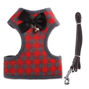 Rantow Heavy Duty Pet Dog Harness Vest + Pet Dogs Leash - Classic Plaid Puppy Harness Kitty Lead Rope Set for Small Dogs Big Cats - With Cute Bow Tie & Bell, Red L