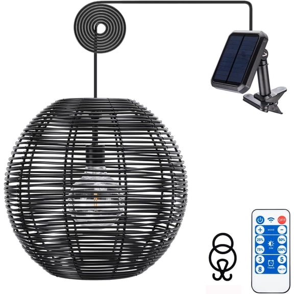Ranttan Outdoor Chandelier, 12" Outdoor Pendant Lights Rattan Lights Large Rattan Ceiling Light with Remote 4 Modes Lighting Lighted for Garden Porch Patio Kitchen, Black