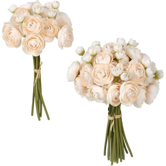Ranunculus Artificial Flowers 2 Bouquets Mini Cream Fake Flowers 12PCS Small Faux Ranunculus Decorative Flowers for DIY Wedding Bouquet Bridal Shower Filler Flowers Decorations (Cream)