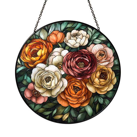 Ranunculus Faux Stained Glass Suncatcher, Floral Window Hanging Decor with Soft Romantic Garden Style
