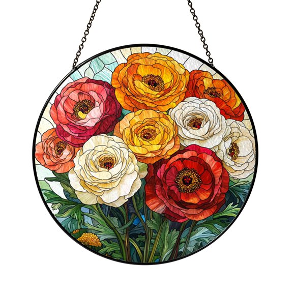 Ranunculus Flower Faux Stained Glass Window Decor, Elegant Botanical Suncatcher Hanging Art