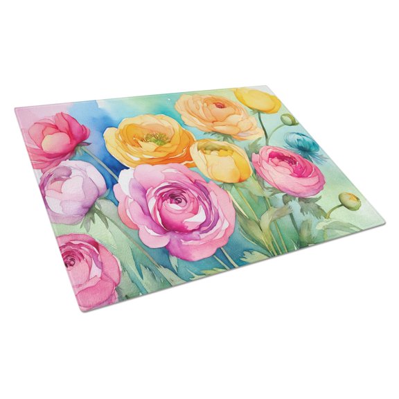 Ranunculus in Watercolor Glass Cutting Board Large 12 in x 15 in