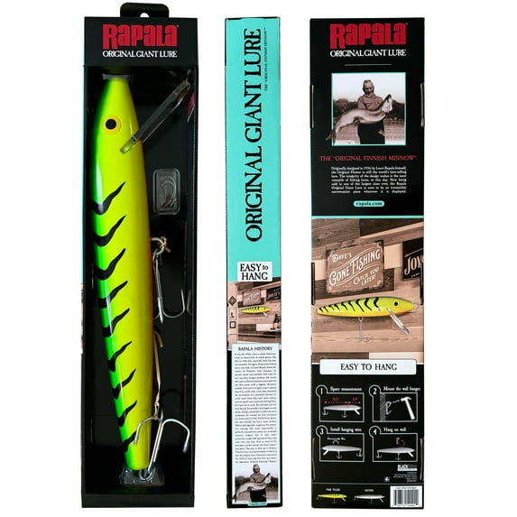 Rapala's 24.5” Giant Fishing Jerk Minnow Lure, Firetiger, Fisherman Décor, Easy-to-Hang, Green Yellow, 1.08 lbs