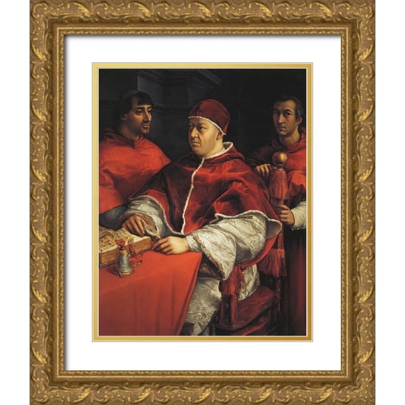 Raphael 12x14 Gold Ornate Wood Framed with Double Matting Museum Art Print Titled - Leo X With Cardinals De Medici And De Rossi