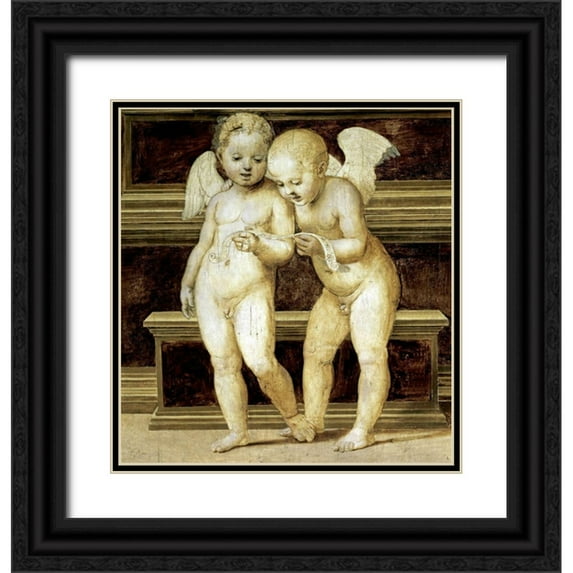 Raphael 15x16 Black Ornate Wood Framed with Double Matting Museum Art Print Titled - Madonna of The Canopy (Detail of Angels)