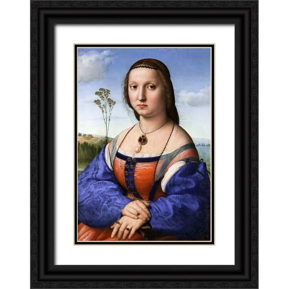 Raphael 18x24 Black Ornate Wood Framed with Double Matting Museum Art Print Titled - Portrait of Maddalena Strozzi Doni