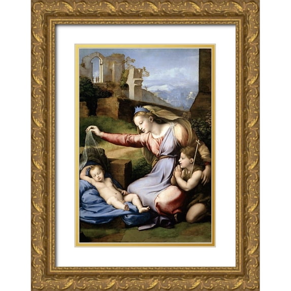 Raphael 18x24 Gold Ornate Wood Framed with Double Matting Museum Art Print Titled - Virgin With The Veil
