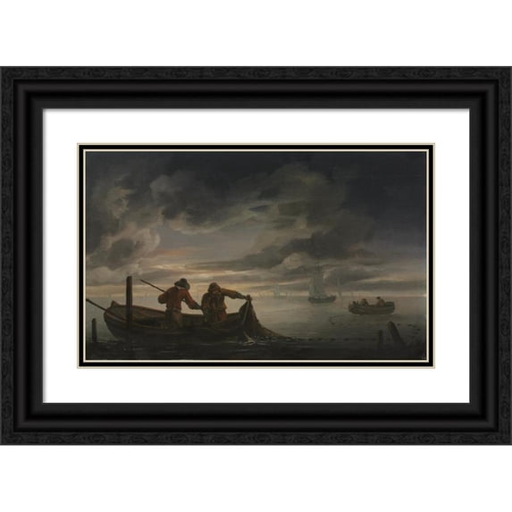 Raphael Govertsz. Camphuysen 24x16 Black Ornate Framed Double Matted Museum Art Print Titled: An Estuary Scene with Fisherman (Second Quarter of 1600s)