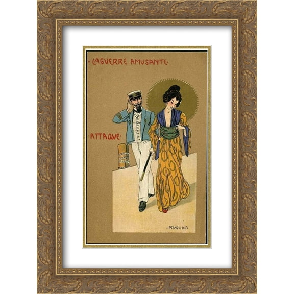 Raphael Kirchner 2x Matted 18x24 Gold Ornate Framed Art Print 'Attack'