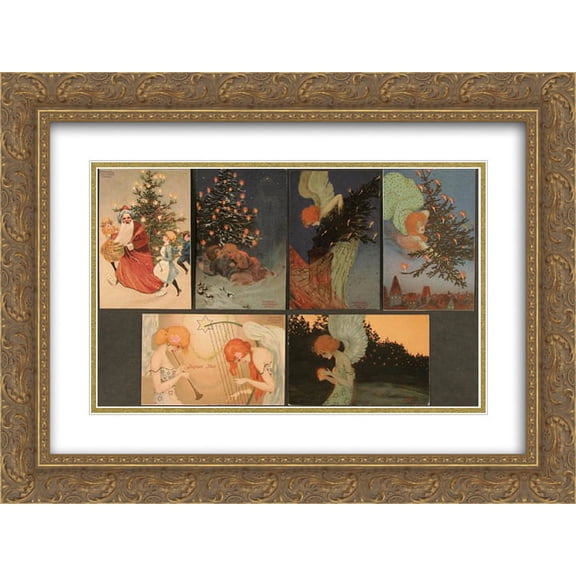 Raphael Kirchner 2x Matted 24x18 Gold Ornate Framed Art Print 'Christmas pictures signed with Paris'