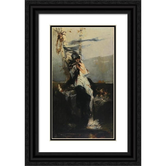 Raphael von Ambros 10x14 Black Ornate Wood Framed Double Matted Museum Art Print Titled: The Expectation (1880)