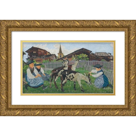 Raphy Dallèves 14x10 Gold Ornate Wood Frame and Double Matted Museum Art Print Titled - Girls From the Valais at the Goat Park (1911)