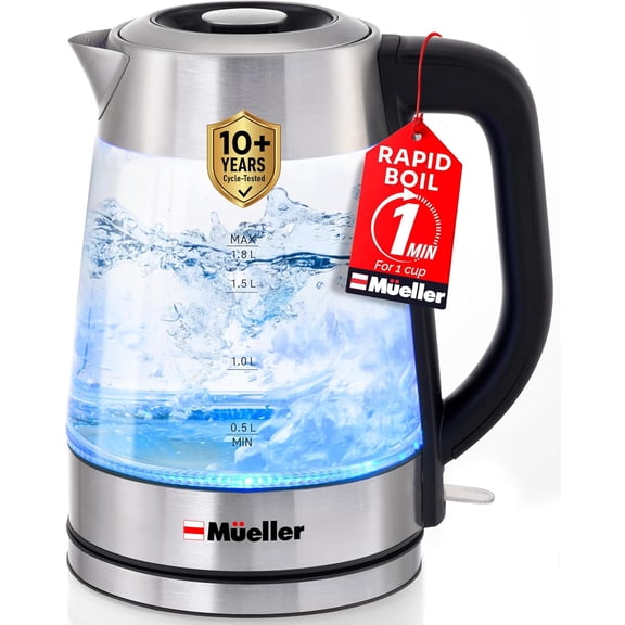 Rapid Boil Electric Tea Kettle 1.8L  Borosilicate Glass & Stainless Steel BPA-Free Hot Water Boiler, LED Light, Auto Shut-Off, Dry Protection Fast Heater Kitchen Appliances